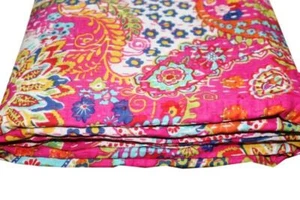 Indian Pink Paisley Print Handmade Kantha Quilt Bedspread Throw Blanket Twin - Picture 1 of 3