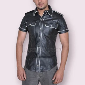 Men's Black LGBT Leather Shirt Genuine Lambskin Leather Shirt Classic Style - Picture 1 of 3