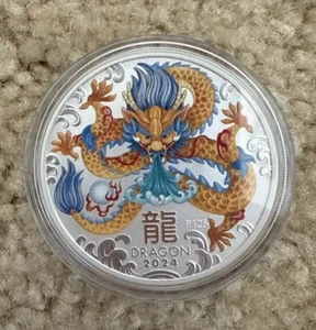2024 1 oz Colorized Australian Silver Lunar Dragon Coin (BU) - Picture 1 of 2