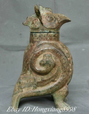 12" Old Chinese Bronze Ware Dynasty Eagle Owl Birds Zun Pot Jar drinking vessel - Image 1 of 4