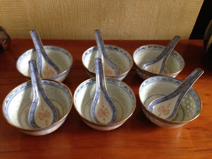 6 Chinese Porcelain Vintage Rice Eye Grain bowls with spoons - Picture 1 of 13