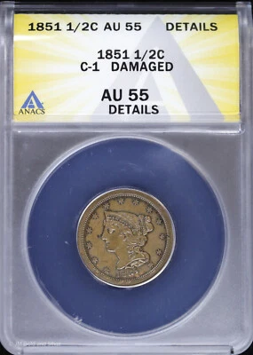 1851 P 1/2c Braided Hair Half Cent ANACS AU 55 Details | C-1 - Image 1 of 4