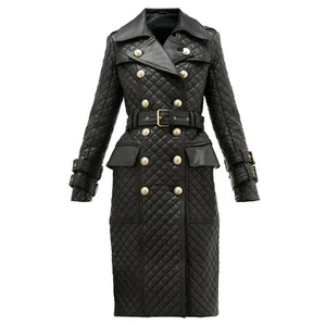 Doppelreihiger langer gesteppter Damen-Trenchcoat aus echtem Leder mit goldenen Knöpfen - Bild 1 von 2