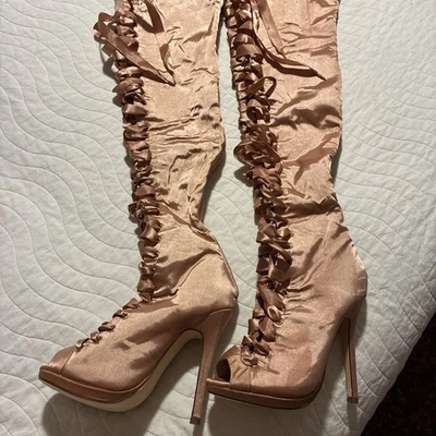 LILIANA Satin Pink Lace Up Zip Stiletto Thigh-High Boots Cosplay Size 6 SEXY!! - Image 1 of 4