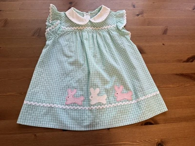Vintage Handmade Girls 2T Approx Green Check Bunny Appliqué Dress - Image 1 of 4