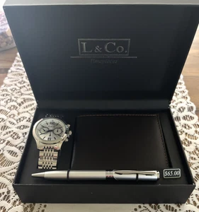 L & Co. Timepieces Herren Armbanduhr mit schwarzer Leder Geldbörse & Stift Geschenkset NEU - Bild 1 von 6