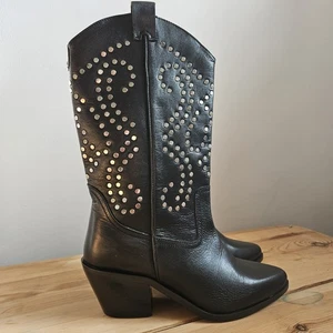 Dune Cowboy Boots Studded Black Leather Women's Size UK 4 EU 37 Western - Picture 1 of 9