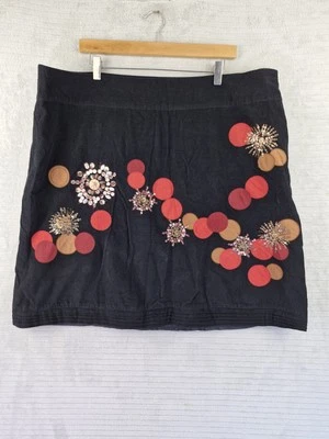 Monsoon Black Needlecord Skirt Size UK 22 Embroidered Floral Lined Beaded - Image 1 of 4