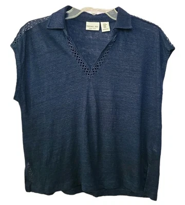 Top Rachel Zoe 100 % lino azul marino relajado mangas cuello en V talla M Foto 1 de 4