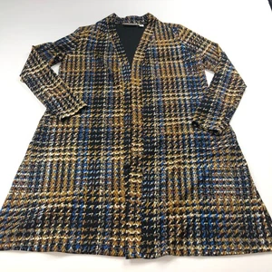 Susan Graver Medium Open Front Cardigan Duster Sweater All Over Print Brown Blue - Picture 1 of 11