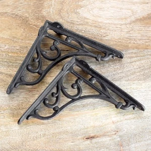 Set Of 2 Curved Cast Iron Brackets Black Industrial Wall Mounted Shelf Shelving - Picture 1 of 5
