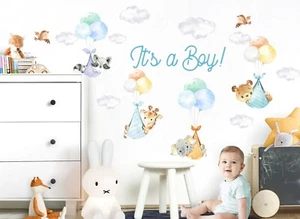 Balloon Newborn Boy Giraffe Elephant Cloud Wall Fabric Decal Peel and Sticker - Bild 1 von 5
