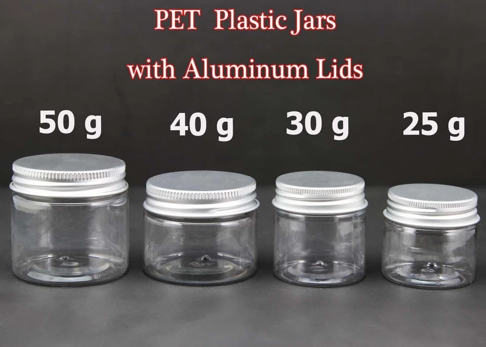 Empty PET Jars Aluminum Lids Clear Silver Plastic Cosmetic Cream 25/30/40/50ml - Image 1 of 3