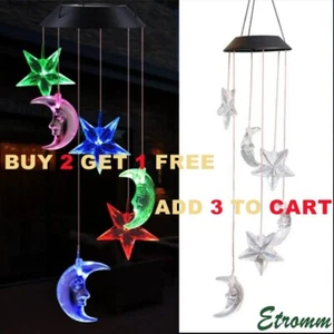 Solar Wind Chimes Lights LED Moon&Star Color Changing Hanging Lamp Garden Decor - Picture 1 of 9
