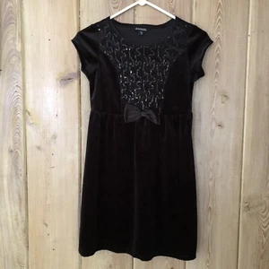 Girls Large (10-12) Black Velvet Party Dress with Sequins Satin Bow by George - Picture 1 of 9