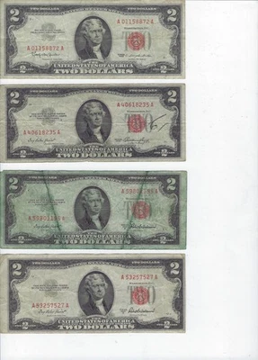1953-A 1963 1953 $2 TWO DOLLAR BILLS RED SEAL CIRCULATED LOT OF 4 - Image 1 of 2