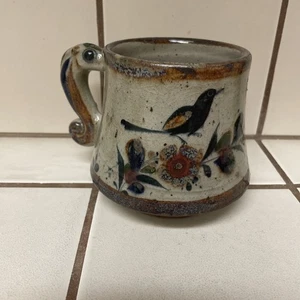 Tazza da caffè arte popolare ceramica messicana blu uccellino pesce manico svasata 4" vintage - Foto 1 di 8