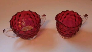 Vintage Depression Jeannette Glass Cube Ruby Flashed "Cubist" Creamer and Sugar - Picture 1 of 10