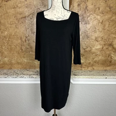 Eileen Fisher Midi Boxy Dress Womens Medium 3/4 Sleeve Quiet Luxury Black Knit - Image 1 of 4