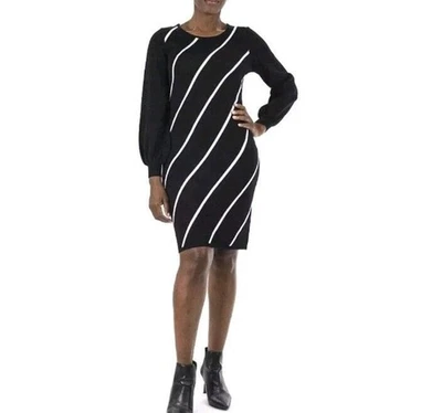 Vestido suéter Nina Leonard tamanho XL listrado preto elástico   - Imagem 1 de 4