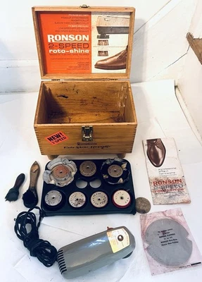 De Colección Ronson Roto-Shine Kit Pulidora de Zapatos Eléctrica Magnética 2 Velocidades Caja de Madera FUNCIONA Foto 1 de 4