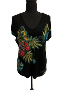 Chicos Travelers Taglia 2 Donna Large L Nero Slinky Tropical Scollo a V Cappuccio Manica - Foto 1 di 6