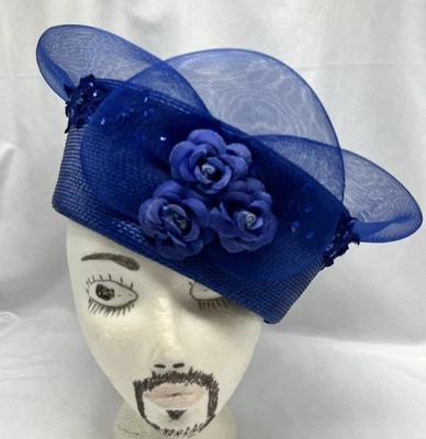 Vtg Kathy Jeanne Womens Flower Sequin Organza Church Derby Blue Pillbox Hat - Image 1 of 4