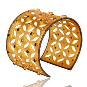 22K Yellow Gold Black & White Zircon Bridal Fashion Round Filigree Cuff Bangle - Picture 1 of 9