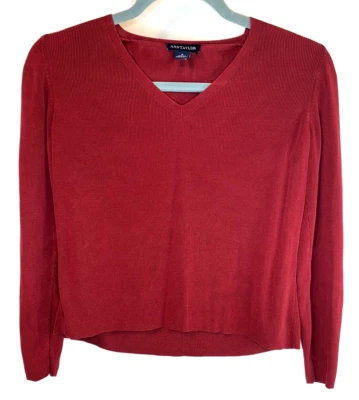 Suéter Ann Taylor Mujer Pequeño Rojo 100% Seda Manga Larga Cuello en V Pullover Foto 1 de 4