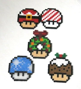 Perler Beads Set Of 5 Nintendo Mushroom Christmas Head Ornaments - Picture 1 of 6