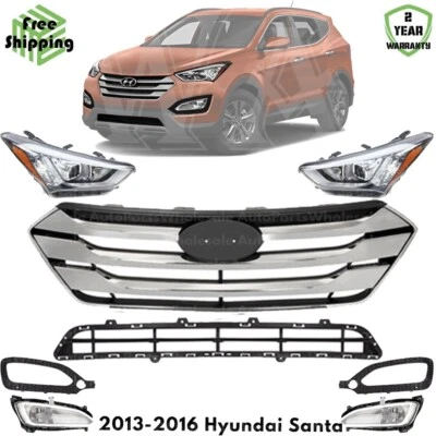 Front Grille Assembly & Headlight Assembly Kit For 2013-2016 Hyundai Santa Foto 1 de 4