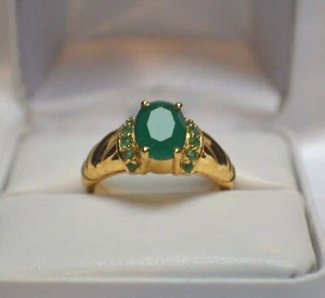 925 Sterling Silver Handmade Gold Plated Natural Emerald Oval Shape Unisex Ring - Picture 1 of 12
