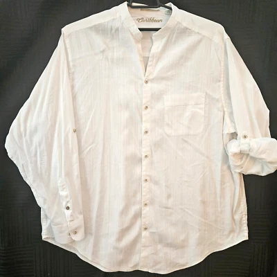 Caribbean Mens 2XT Collarless Linen Blend Beach Wedding Shirt Roll Tab Sleeve - Image 1 of 4
