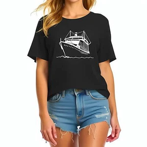 Stylish Black Oversized T-Shirt with White Cruise Ship Outline -All cotton - Picture 1 of 4