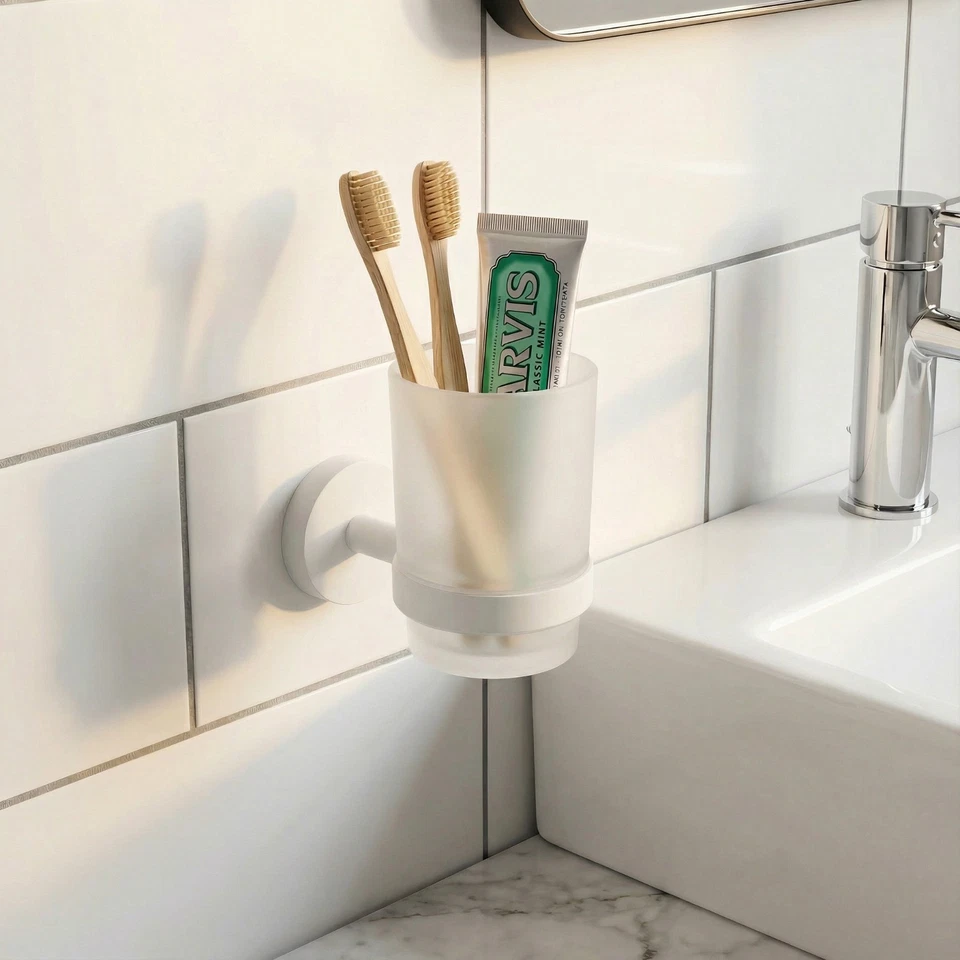 Toothbrush Holder Tumbler White Metal Glass Wall Mounted Bathroom Shower Croydex - Image 1 of 1