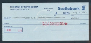 St Kitts: 1983 Scotiabank. SCARCE Cheque for 1 Cent in East Caribbean Dollars - Picture 1 of 1