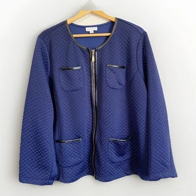 Chaqueta Susan Graver 3X Azul Marino Acolchada Cremallera Cuero Sintético Borde Bolsillos Tejido Texturizado Foto 1 de 4