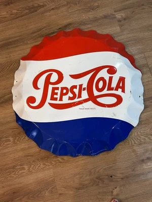 Vintage PEPSI Cola Pop Bottle Cap Stout Metal Sign Co ~ 27 inches in Diameter - Image 1 of 4