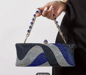 Large BLUE Tricolor Rhinestone Evening Bag Luxury Beaded Clutch Purse Chain - Picture 1 of 11