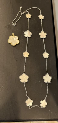 Silver Tone 36" Station Necklace Abalone Clover Flowers + Gold Tone Pendant - Image 1 of 4