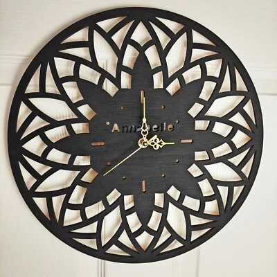 black personalised laser cut engraved wood wooden clock name word number letter - Image 1 of 3