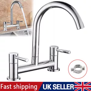 Modern Dual Lever Chrome Kitchen Sink Mixer Taps 2 Hole Deck Mounted Tap Faucet - Picture 1 of 15