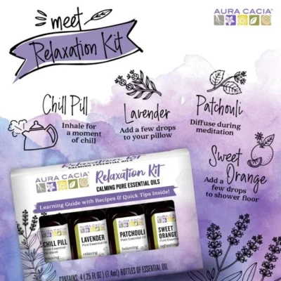 Aura Cacia RELAXATION Set of 4 Calming Pure Essentials Oil Kit::Lavender::NIB:: - Image 1 of 4
