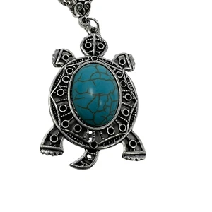 Turtle Necklace Silver Tone Faux Turquoise Scroll Openwork 16-19 in - Picture 1 of 6