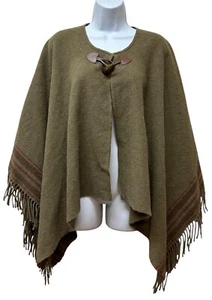 Lauren Ralph Lauren Wool Fringe Poncho Horn Toggle Olive Green Red Stripe OS - Picture 1 of 14