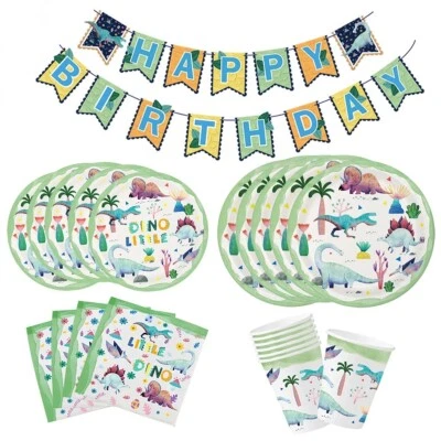Dinosaur Birthday Party Decoration Supplies w/ Banner & 16 PCS Tableware Set - Image 1 of 4