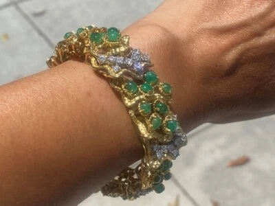  Extremely Well Made 18K Yellow Gold Emerald & Diamond Bracelet 8.00 Carats  — 第 1/4 张图片