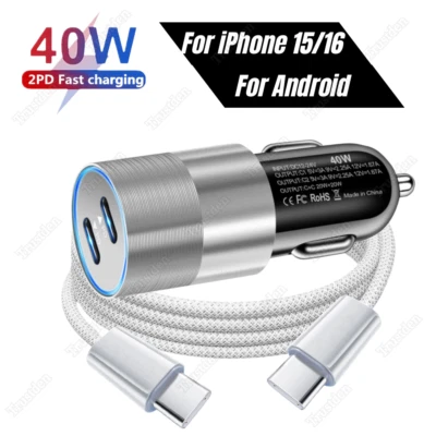 Cable Adaptador Cargador Coche Rápido Doble USB C Tipo C 40W Para iPhone 15 16 Pro Samsung Foto 1 de 4