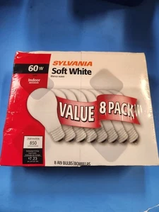 Sylvania 60W Soft White Double Life 8 Pack A19 Light Bulbs Sealed in Plastic NEW - Picture 1 of 2