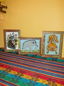 A SET OF THREE VINTAGE INDIAN REVERSE GLASS PAINTINGS OF INDIAN ANIMALS - Picture 1 of 13